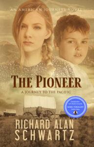Cover for The Pioneer depicts Myra and David Kaplan travels across the united states by boat, train, and wagontrain to Portland, where they try to establish a business.