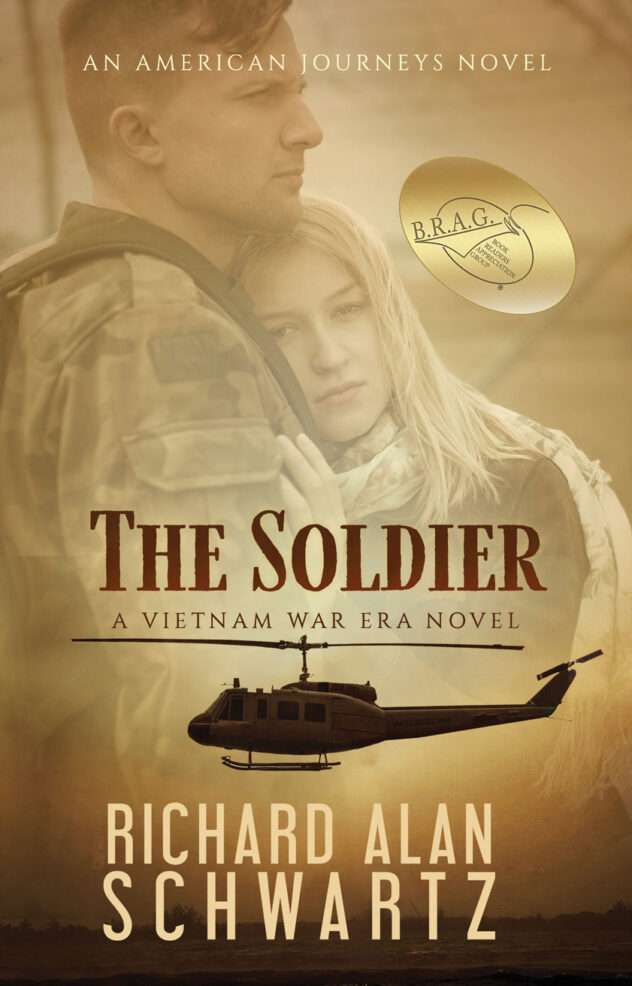 Cover for The Soldier depicts a couple saying goodbye as male is deployed to Viet Nam. Post war, Brian and others deal with PTSD. He and his wife work at helping traumatized soldiers.